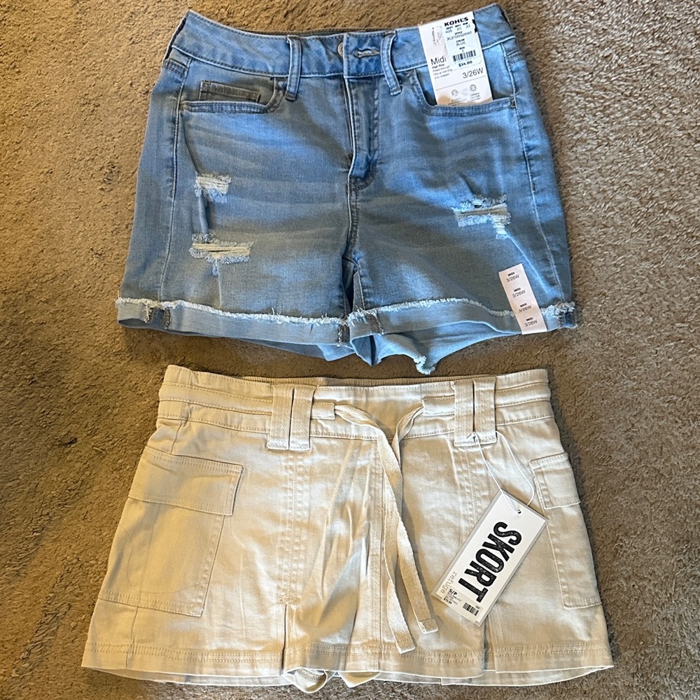 Light Blue Distressed Denim Shorts and tan skort